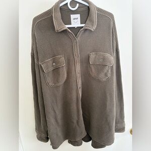 Aerie Army Green Waffle-Knit Button Down Shirt